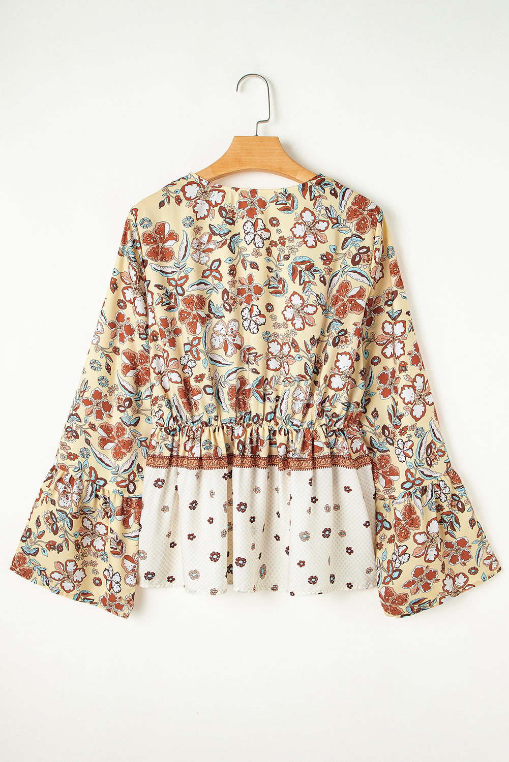 Yellow Printed Floral Bell Sleeve V Neck Wrapped Contrast Blouse. GCollection