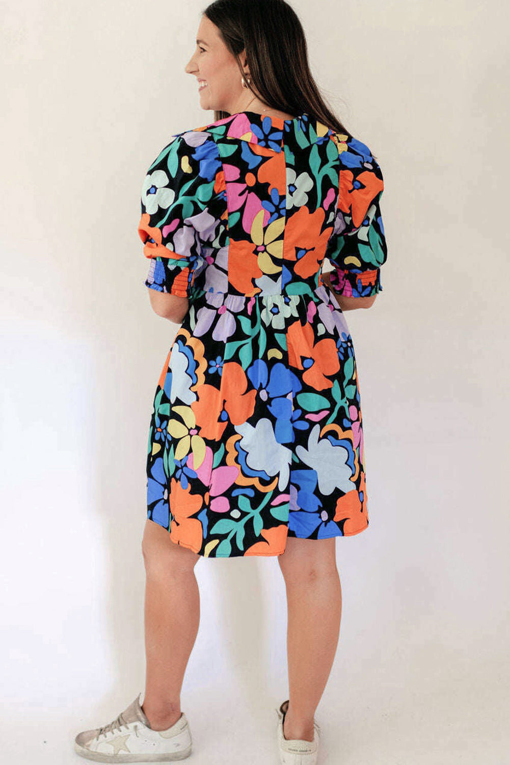 Blue Collared Split Neck Floral Flared Dress. GCollection