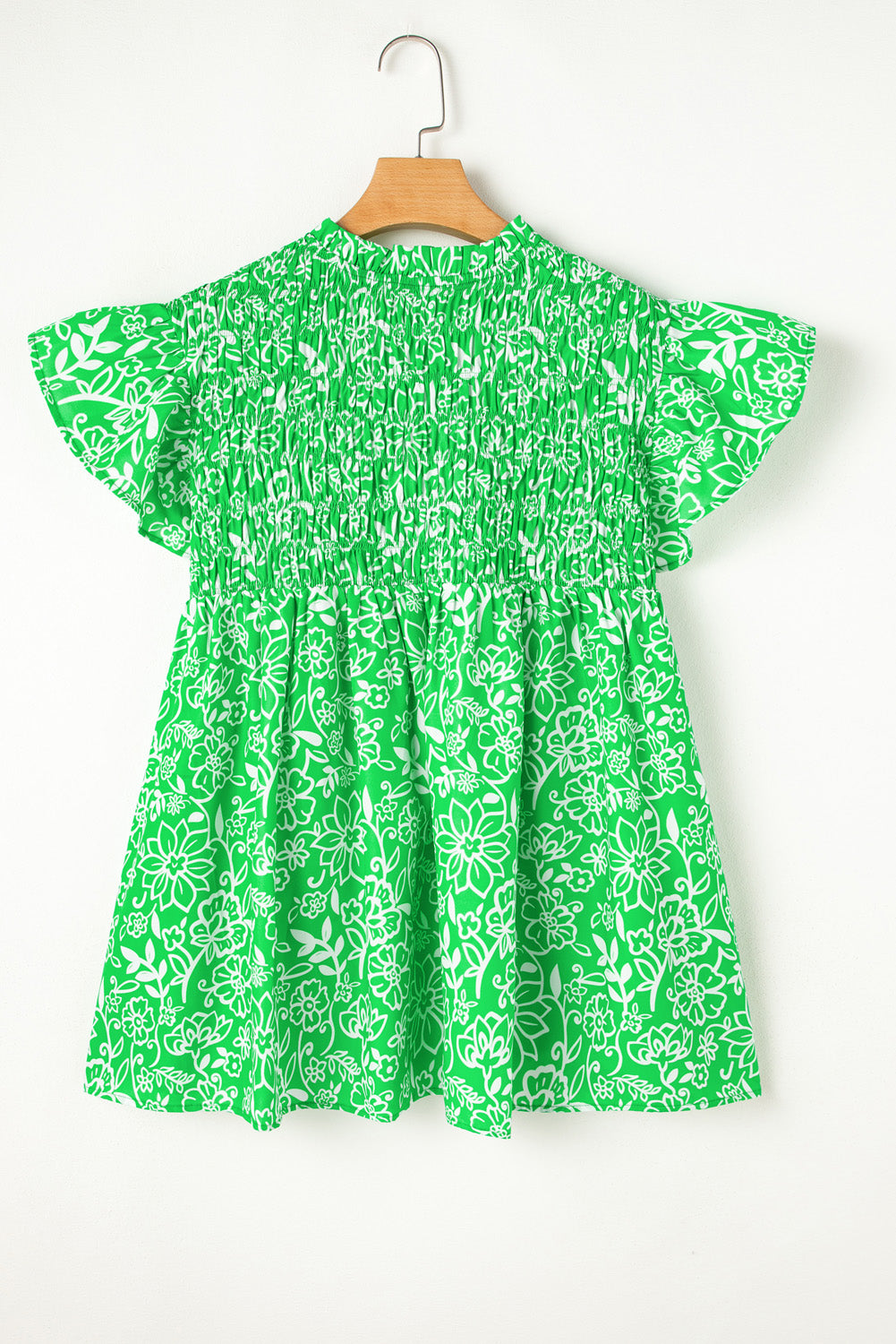 Green Floral Flutter Sleeve Neck Plus Size Blouse. PSCollection