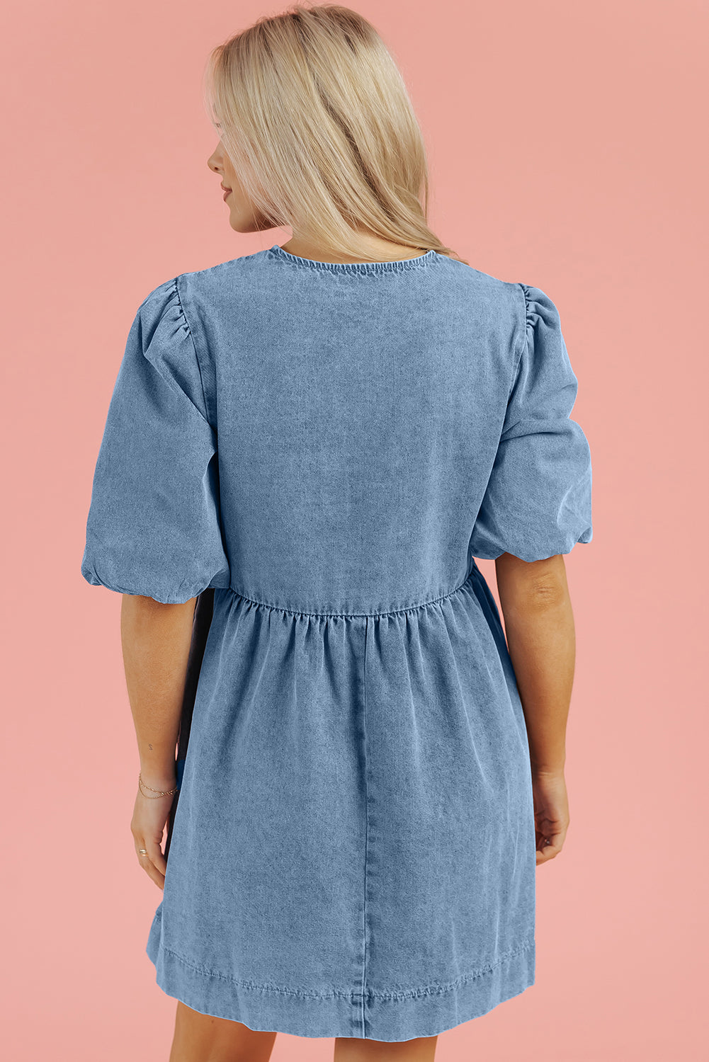 Blue Bowknot Bubble Sleeve Short Denim Dress. GCollection
