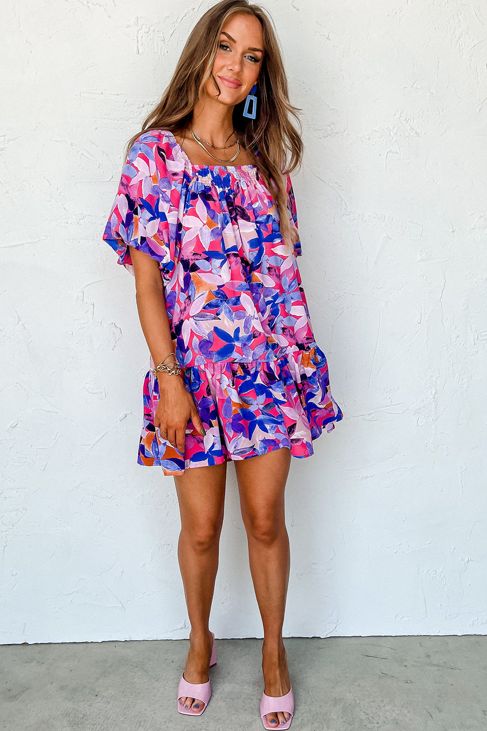 Purple Flower Print Short Puff Sleeve Ruffled Dress. GCollection