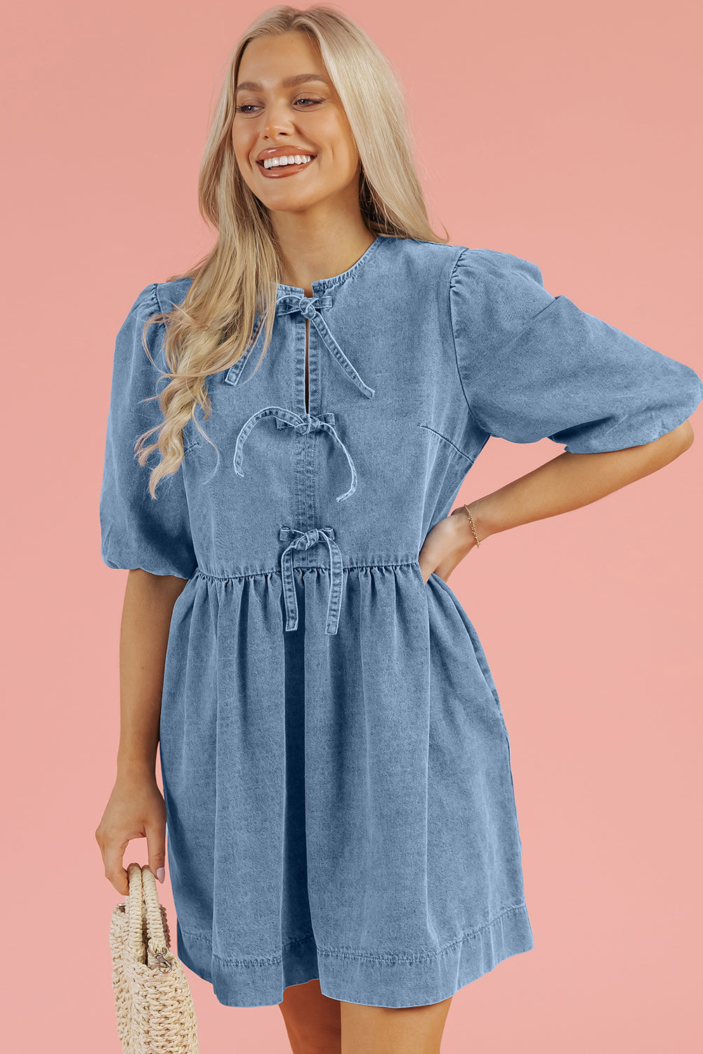 Blue Bowknot Bubble Sleeve Short Denim Dress. GCollection