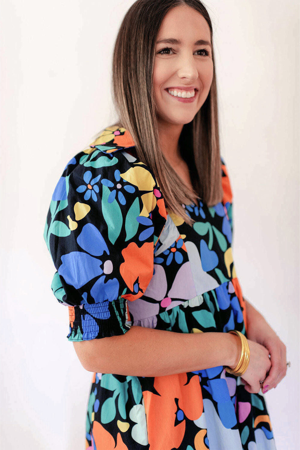 Blue Collared Split Neck Floral Flared Dress. GCollection