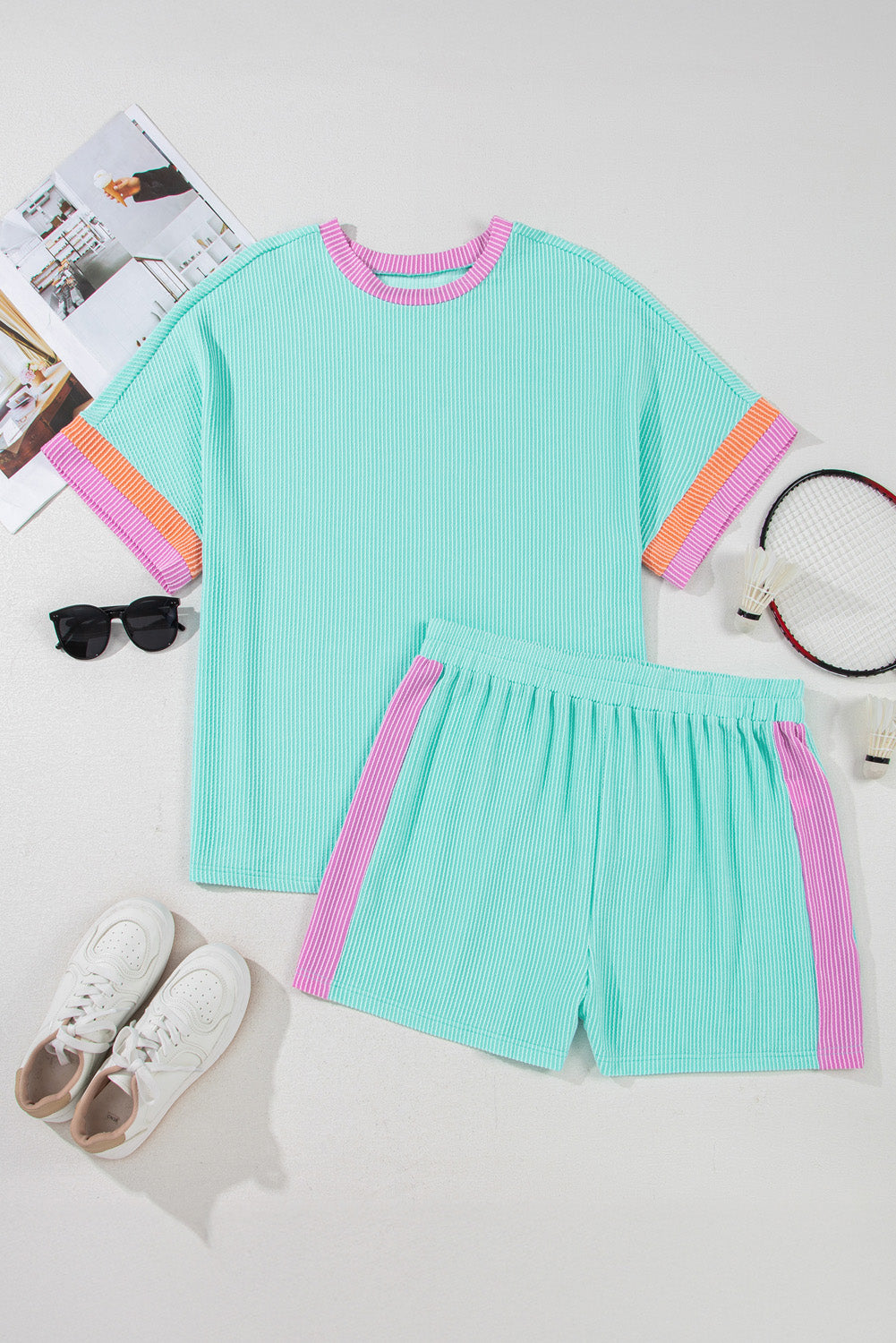Light Blue Plus Size Color Block Knit Tee and Shorts Set. PSCollection