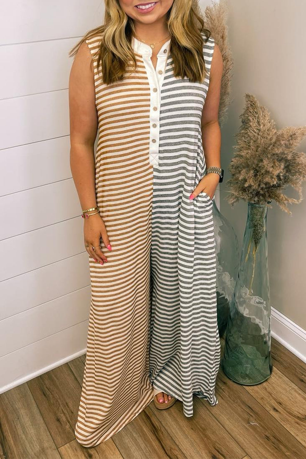 Gray Stripe Plus Size Color Block Wide Leg Jumpsuit. PSCollection