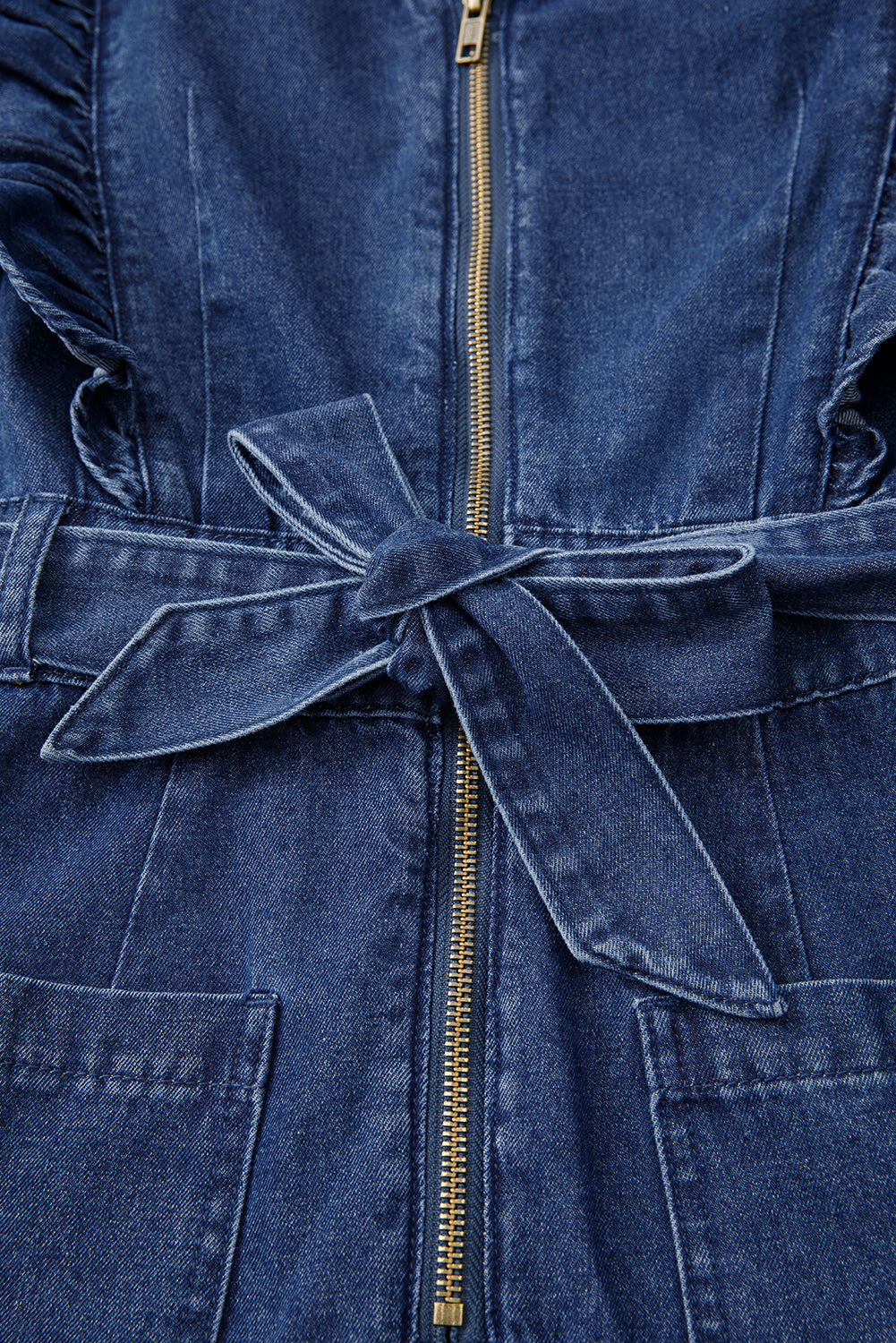 Sail Blue Denim Ruffled Zipped Front Belted Romper. GCollection