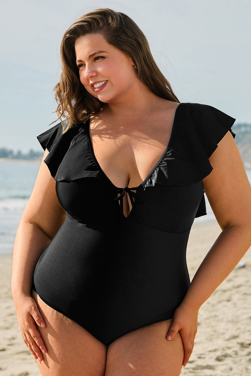 Black Ruffled Sleeve Plus Size One Piece Swimsuit. PSCollection
