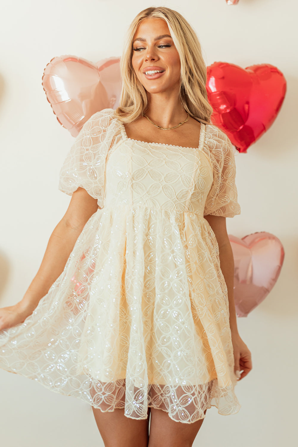 Apricot Sequined Lace Square Neck Dress. GCollection
