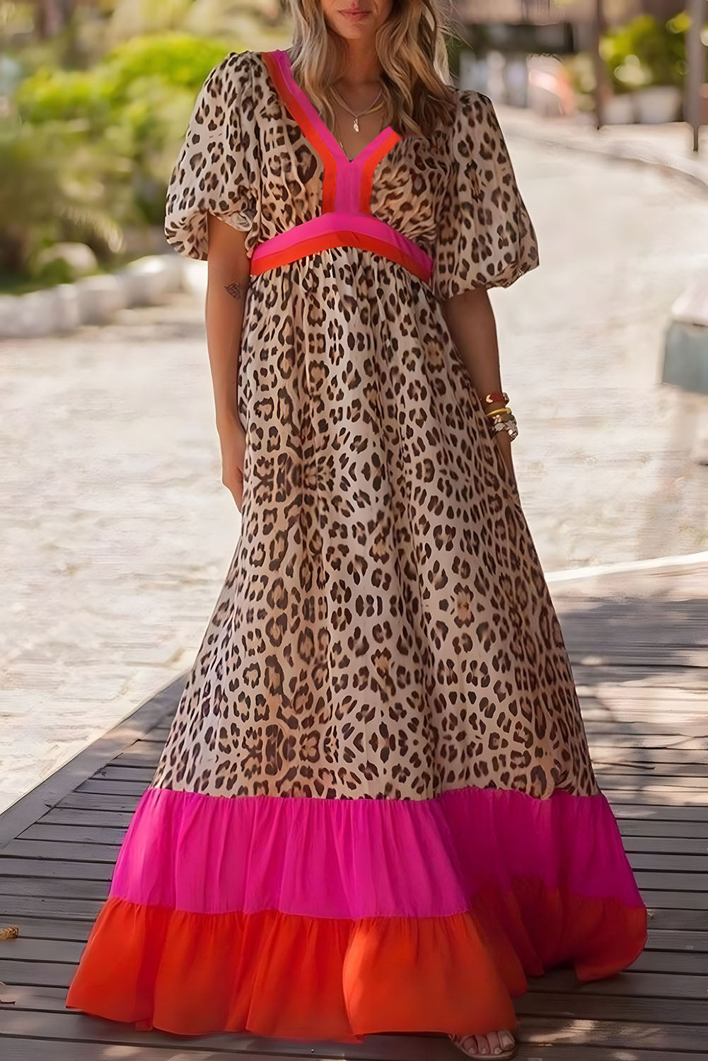 Bright Pink Leopard Colorblock Patchwork Bubble Sleeve Maxi Dress. GCollection