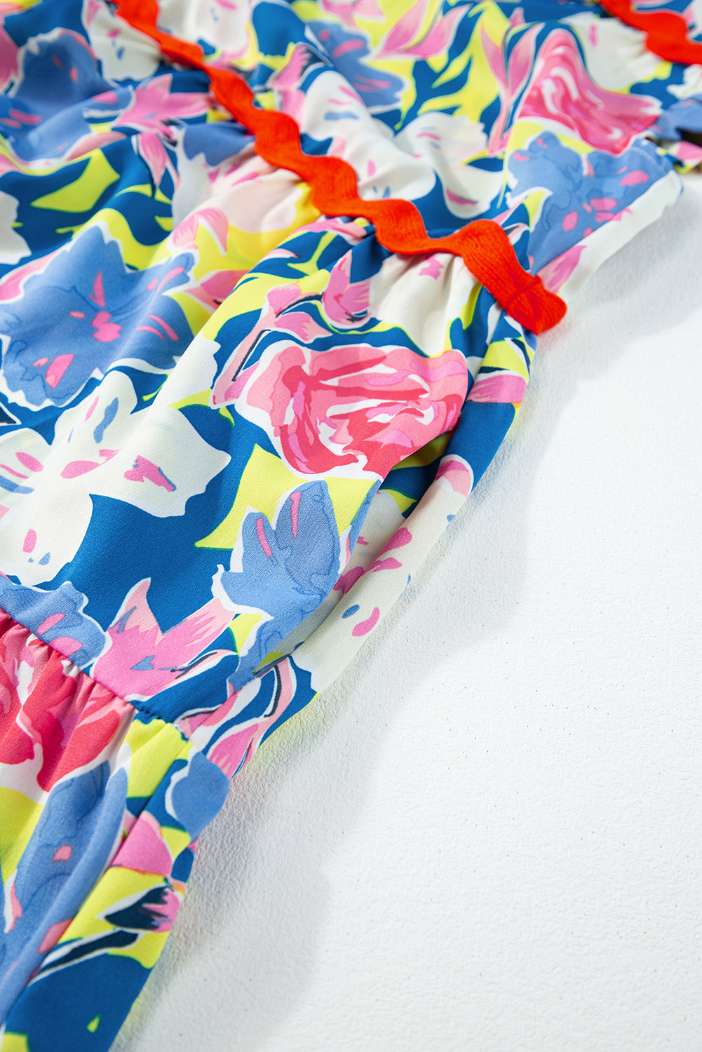 Sky Blue Floral Printed V Notched Ric Rac Flutter Sleeve Dress. GCollection