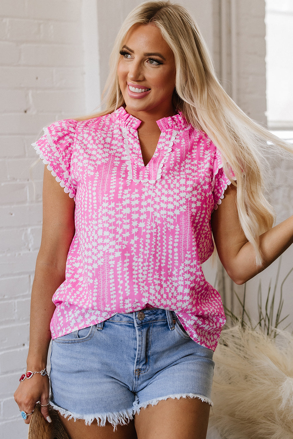 Pink Abstract Print Ric Rac Trim Blouse. GCollection