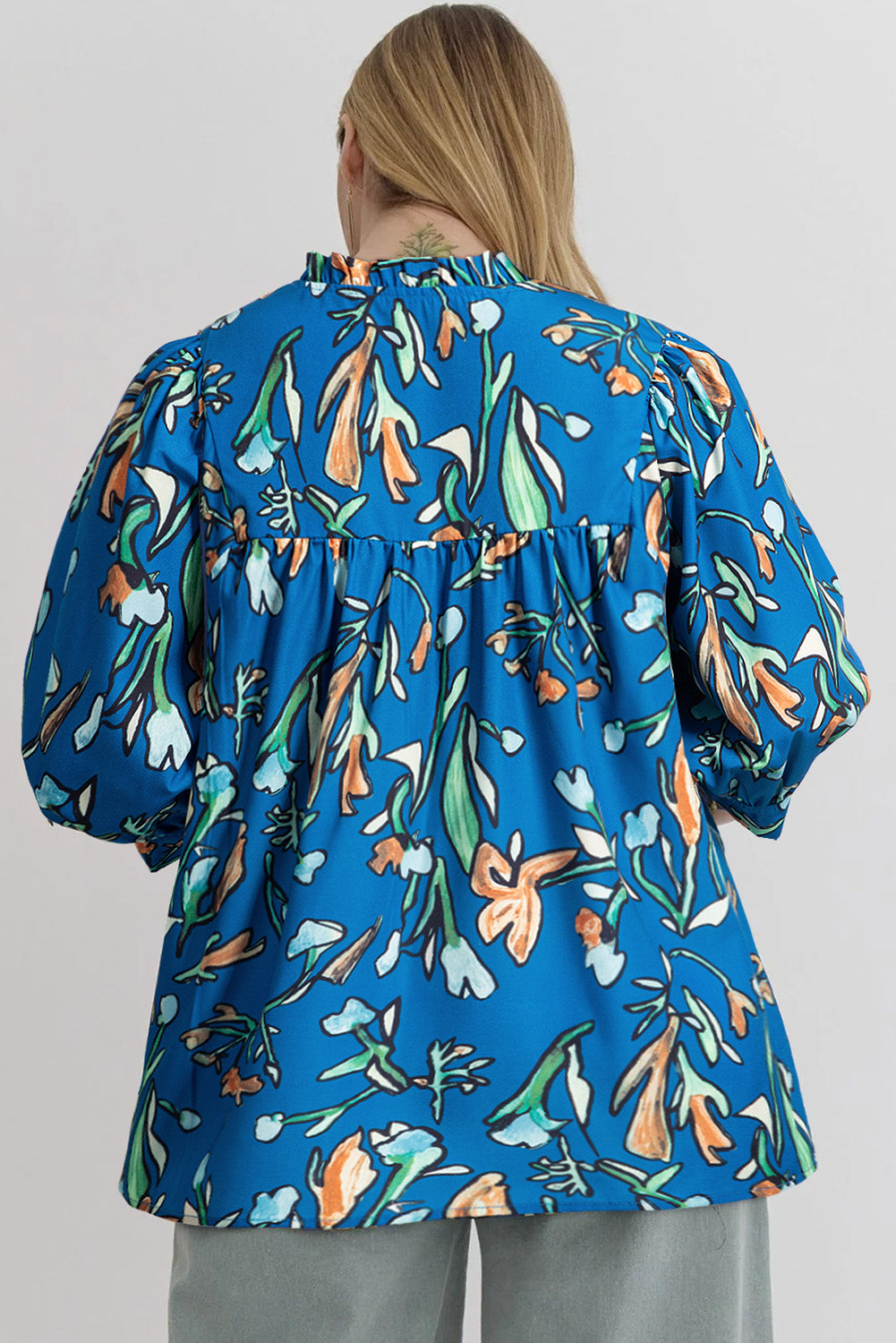 Blue Floral Notched V Neck Half Sleeve Plus Size Blouse. PSCollection