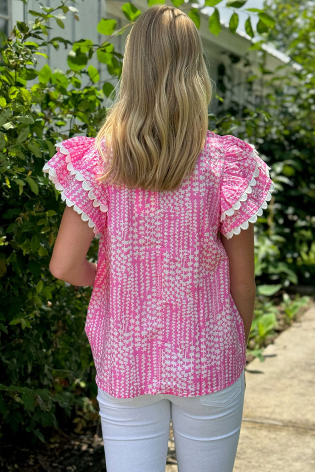 Pink Abstract Print Ric Rac Trim Blouse. GCollection