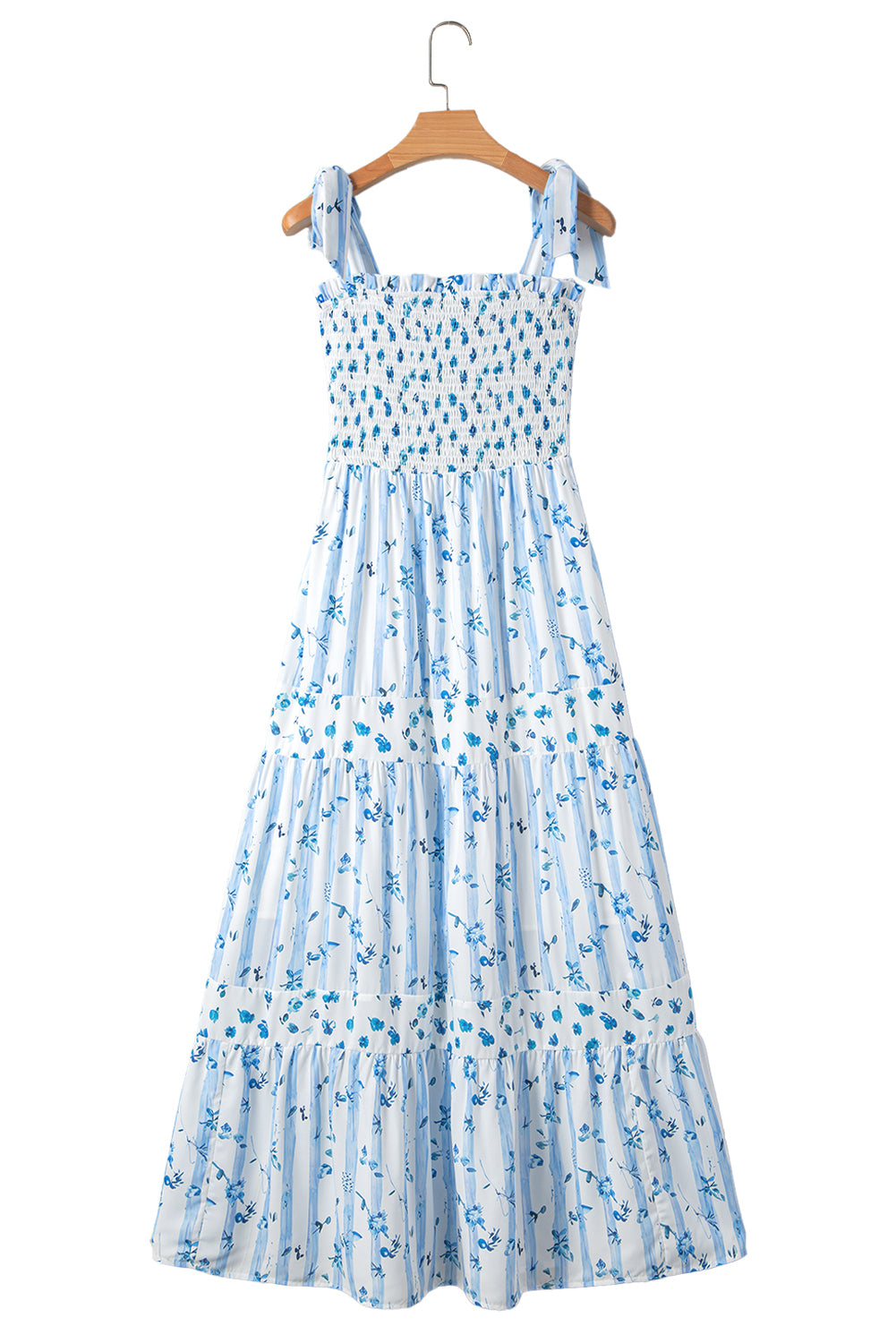 Sky Blue Floral Smocked Tied Straps A-Lined Maxi Dress. GCollection