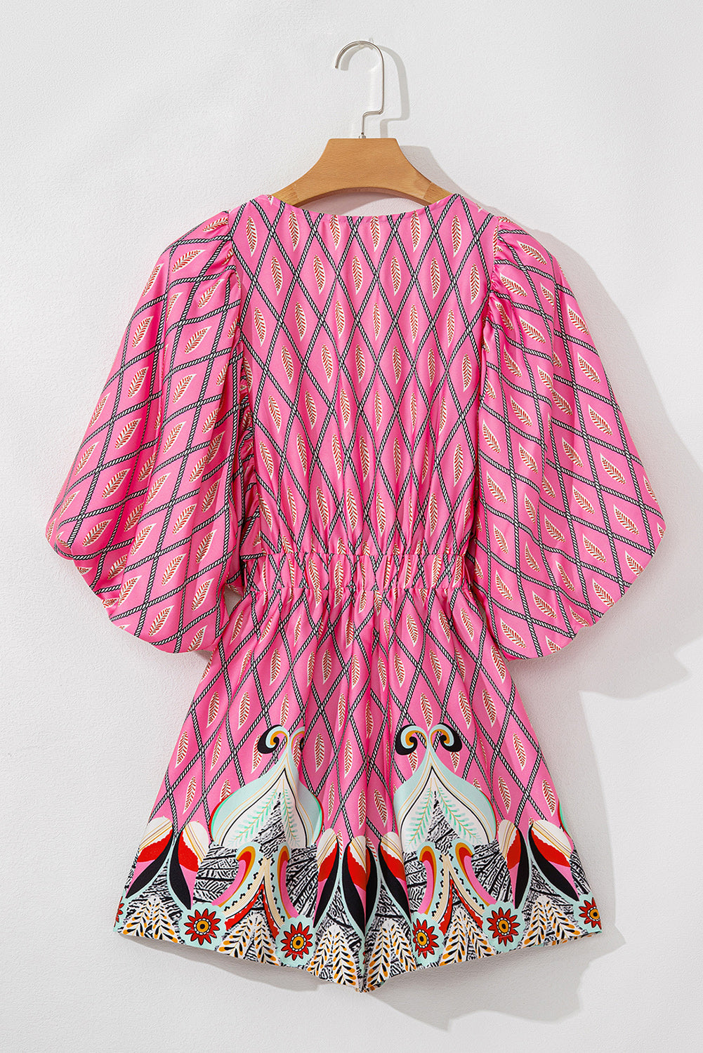 Pink Paisley Geometric Print V Neck High Waist Romper. GCollection
