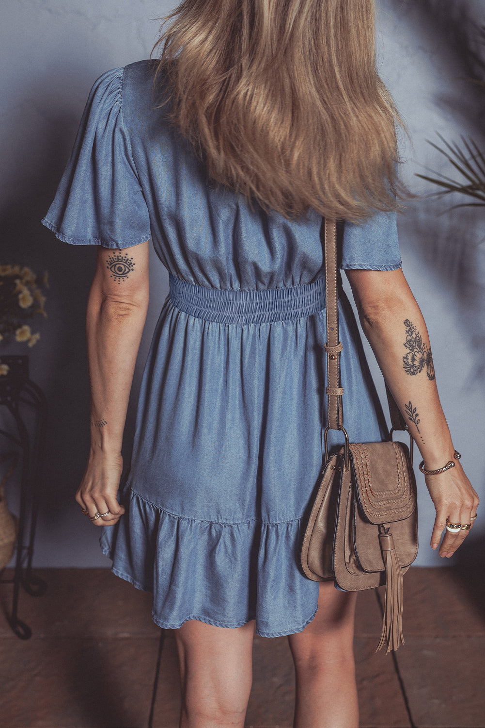 Blue Ruffled V Neck Smocked High Waist Denim Mini Dress. GCollection