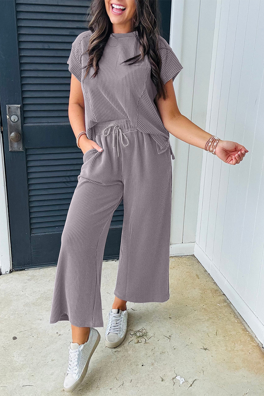 Solid Corded Knit Short Sleeve T Shirt and Wide Leg Pants Set. GCollection