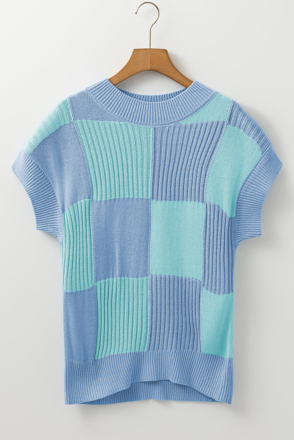 Light Blue Checkered Color Block Crew Neck Sweater. GCollection
