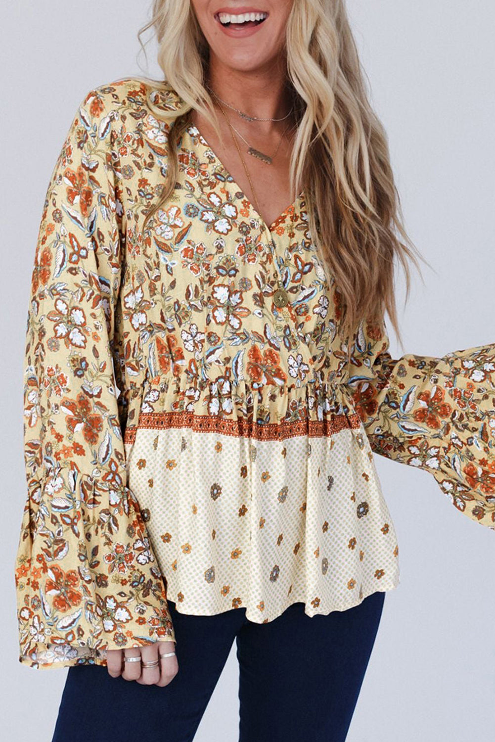 Yellow Printed Floral Bell Sleeve V Neck Wrapped Contrast Blouse. GCollection