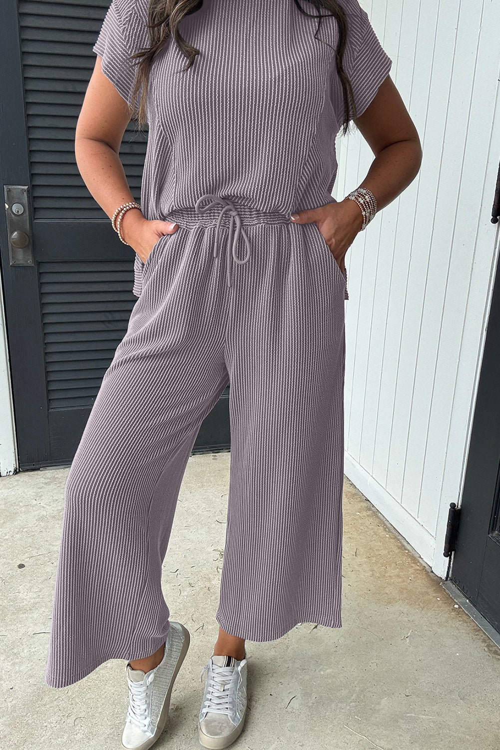 Solid Corded Knit Short Sleeve T Shirt and Wide Leg Pants Set. GCollection