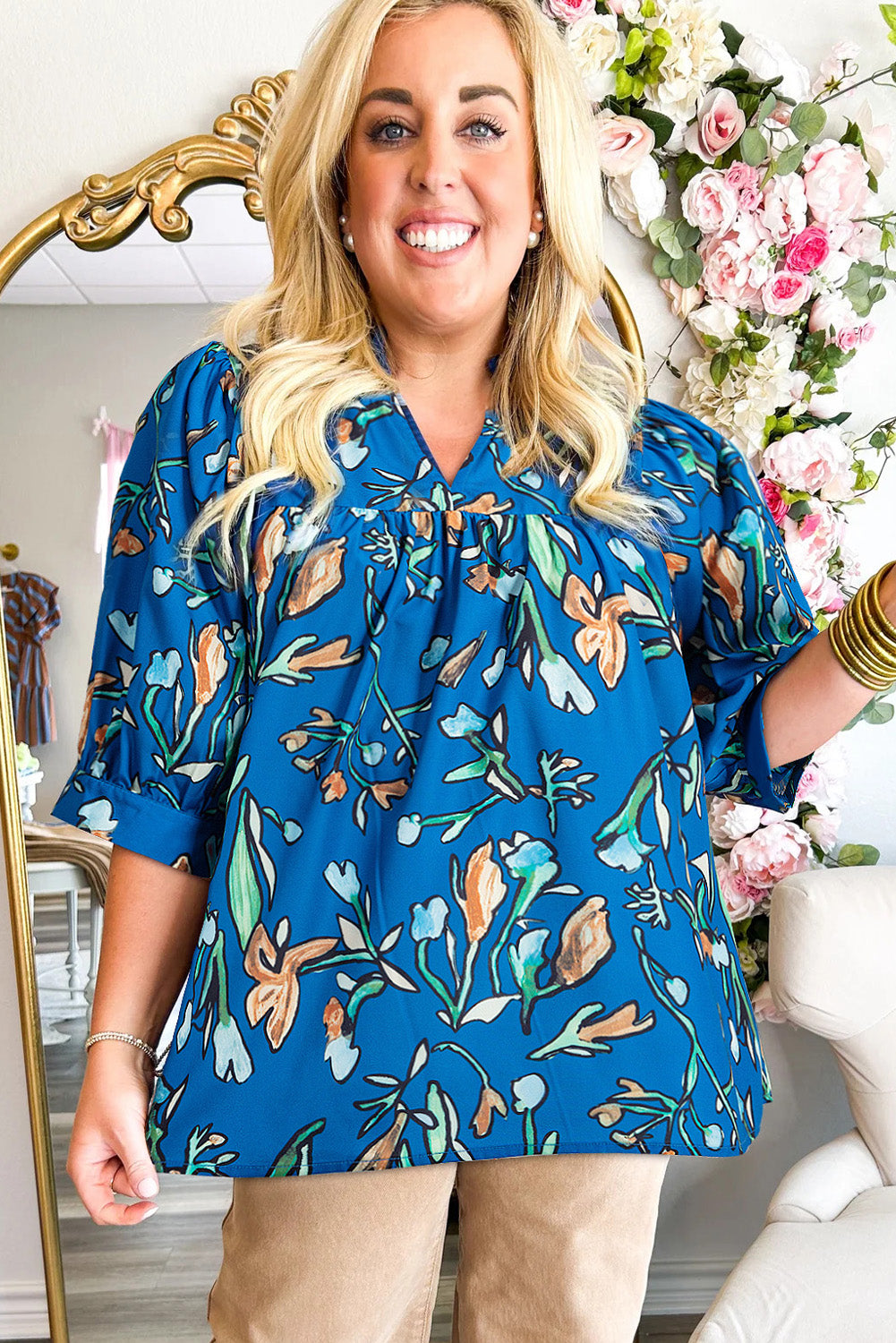 Blue Floral Notched V Neck Half Sleeve Plus Size Blouse. PSCollection