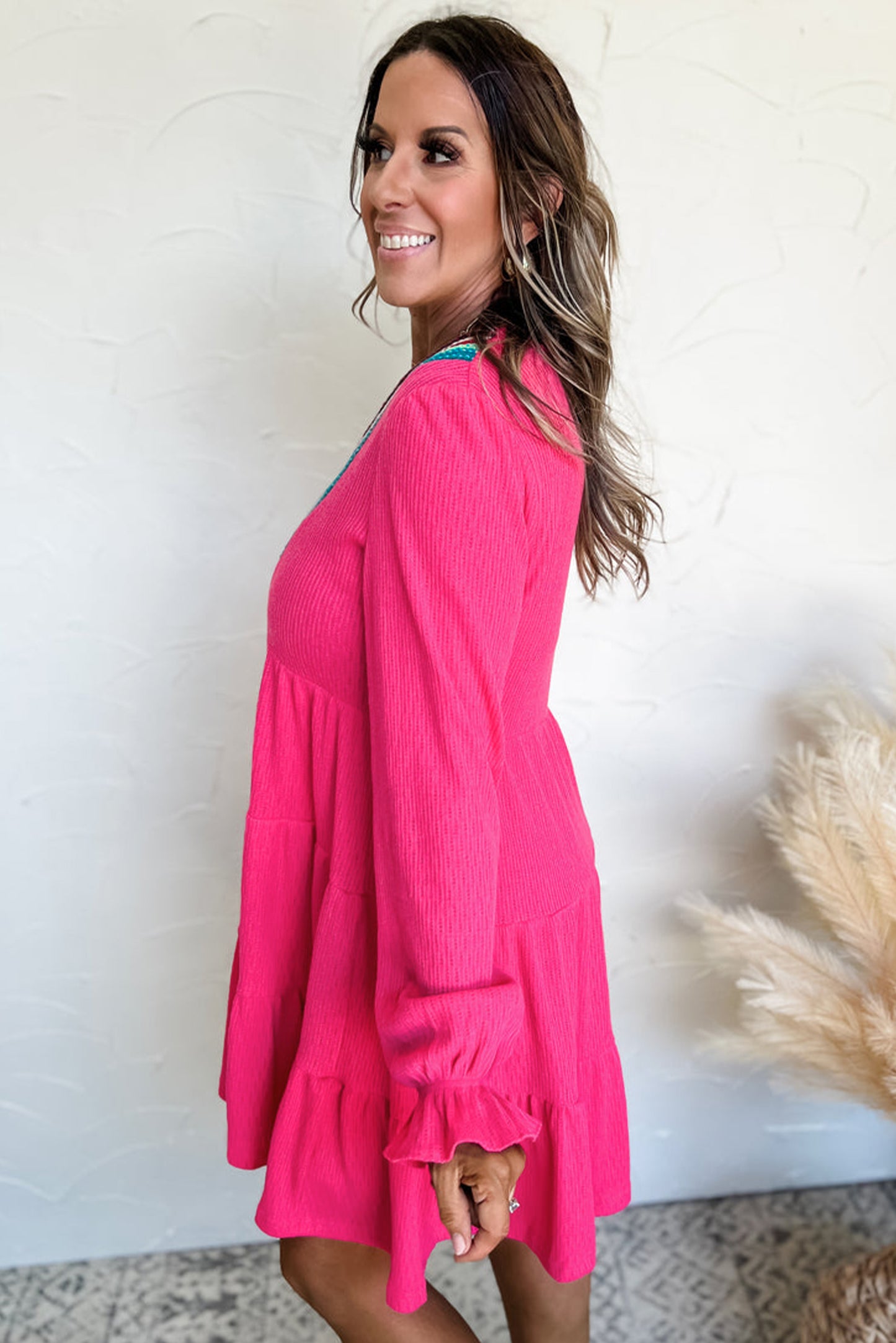 Rose Red Colorful Crochet V Neck Mini Dress. GCollection