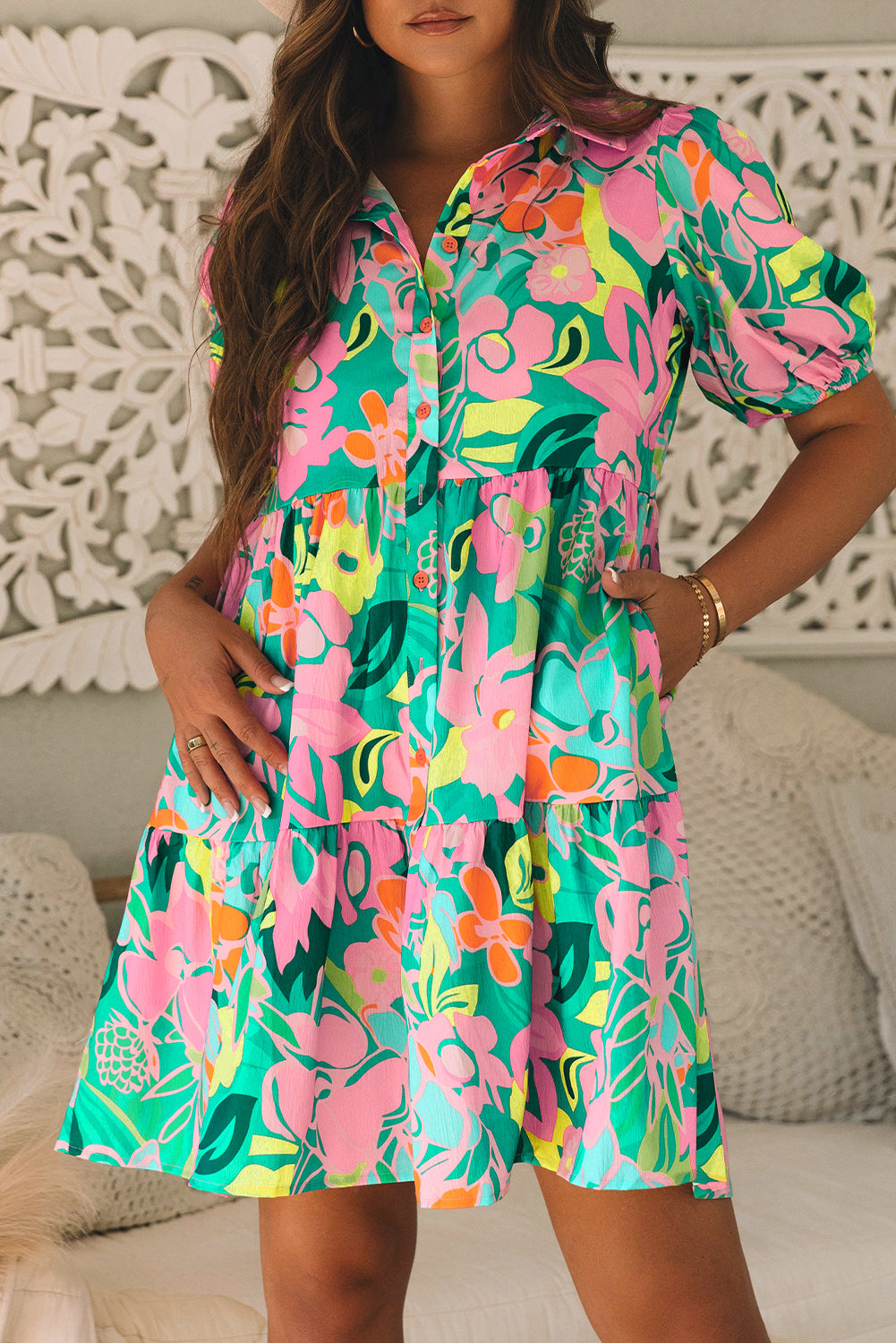 Green Floral Puff Sleeve Collar Buttoned Babydoll Dress. GCollection