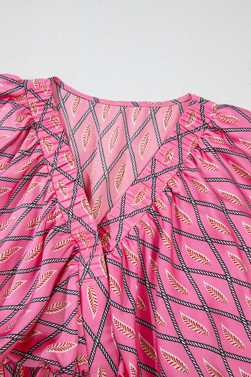 Pink Paisley Geometric Print V Neck High Waist Romper. GCollection