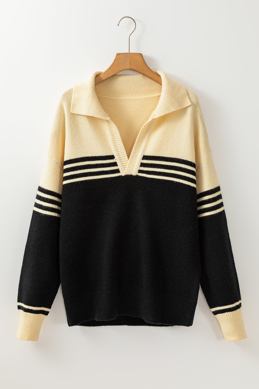 Black Colorblock Stripe Collared V Neck Sweater. GCollection
