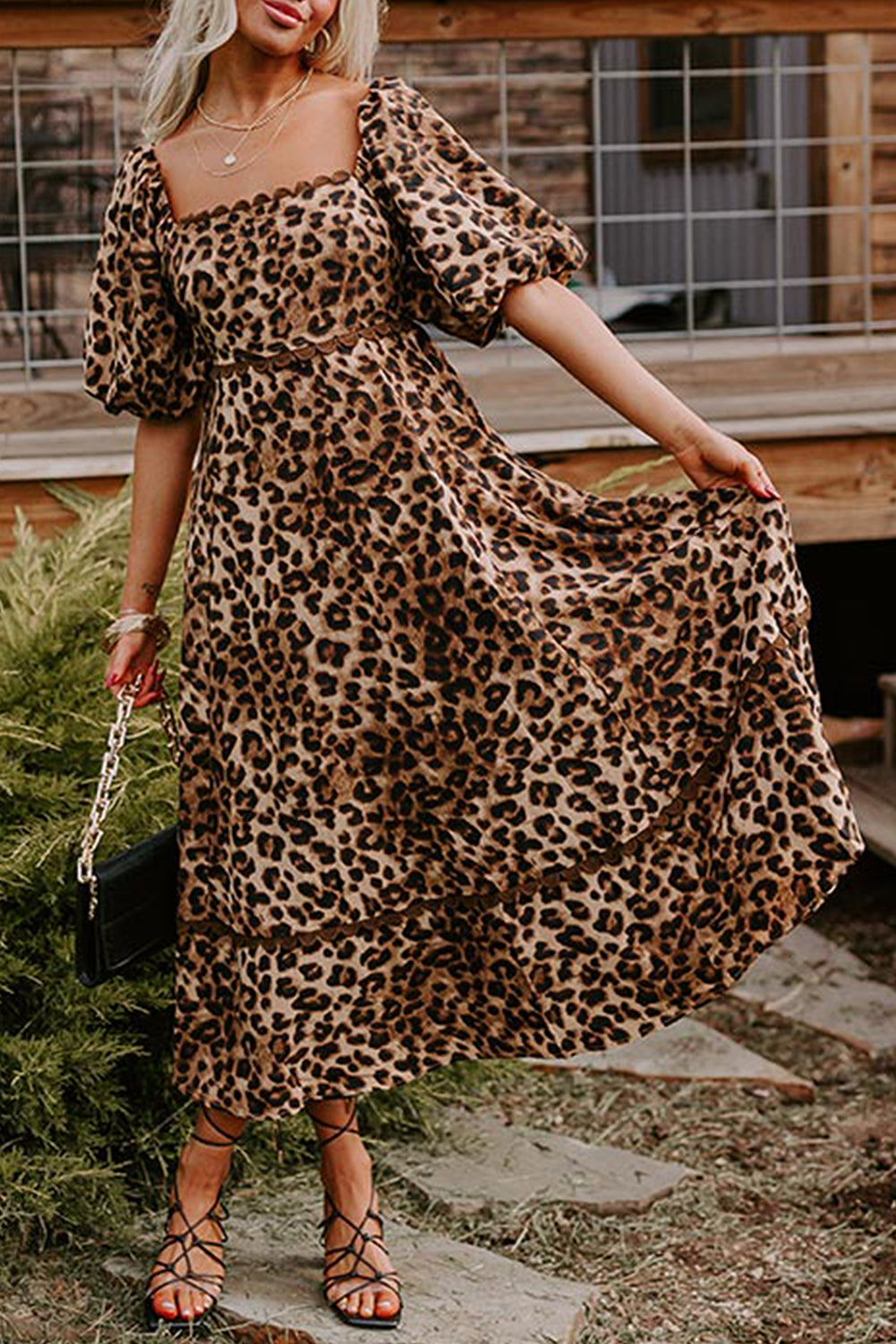 Brown Leopard Print Bubble Sleeve Maxi Dress. GCollection