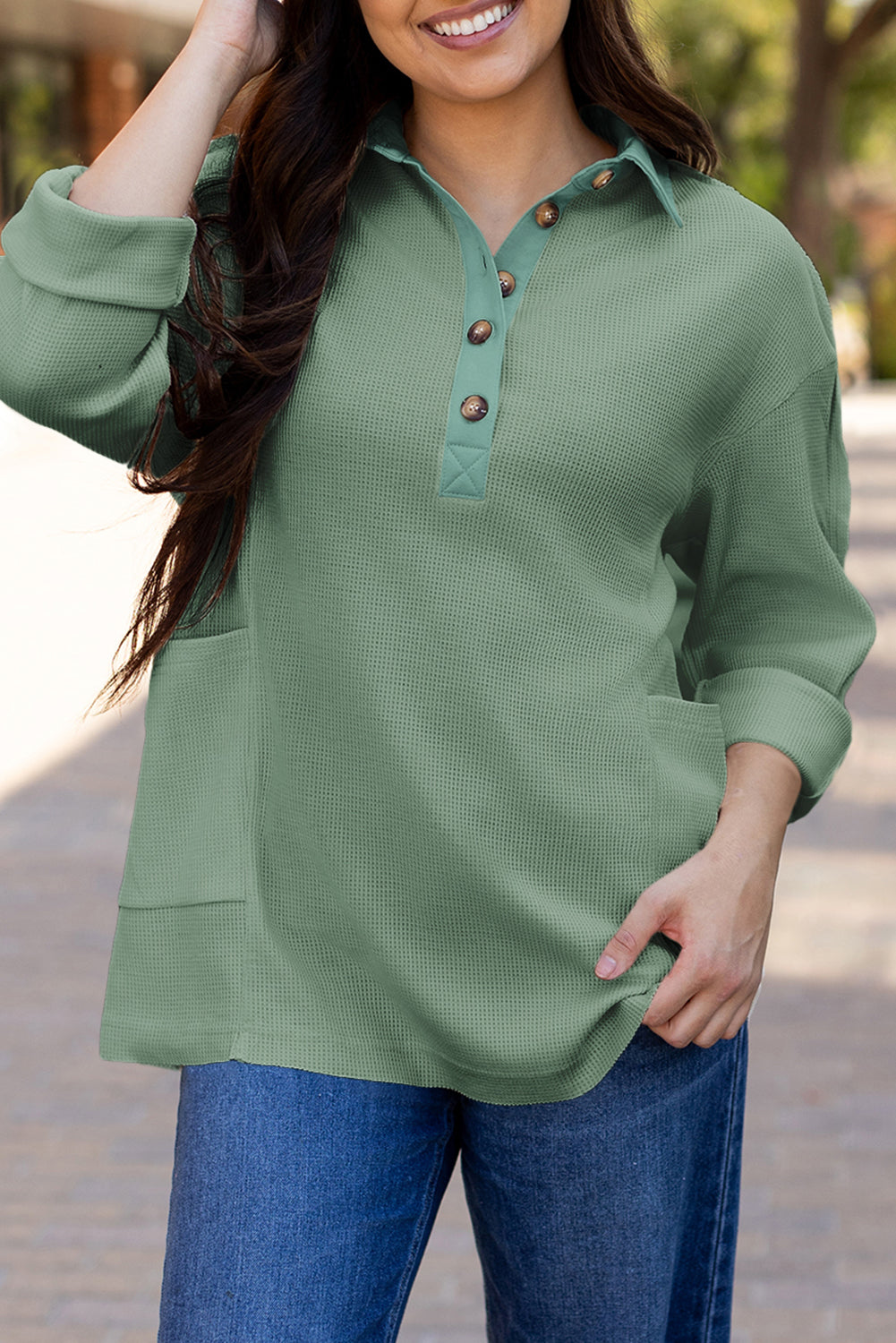 Smoke Green Waffle Half Button Loose Top. GCollection