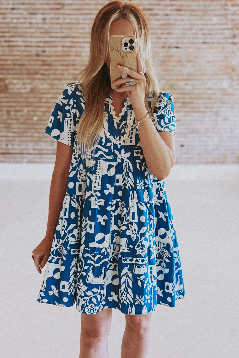 Blue Ricrac Trim Split Neck Floral Loose Dress. GCollection