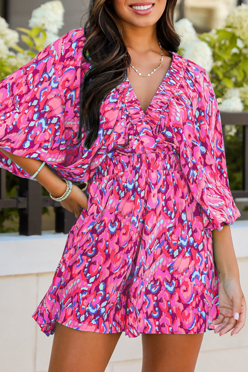 Pink Abstract Print Puff Sleeve Waist Romper. GCollection