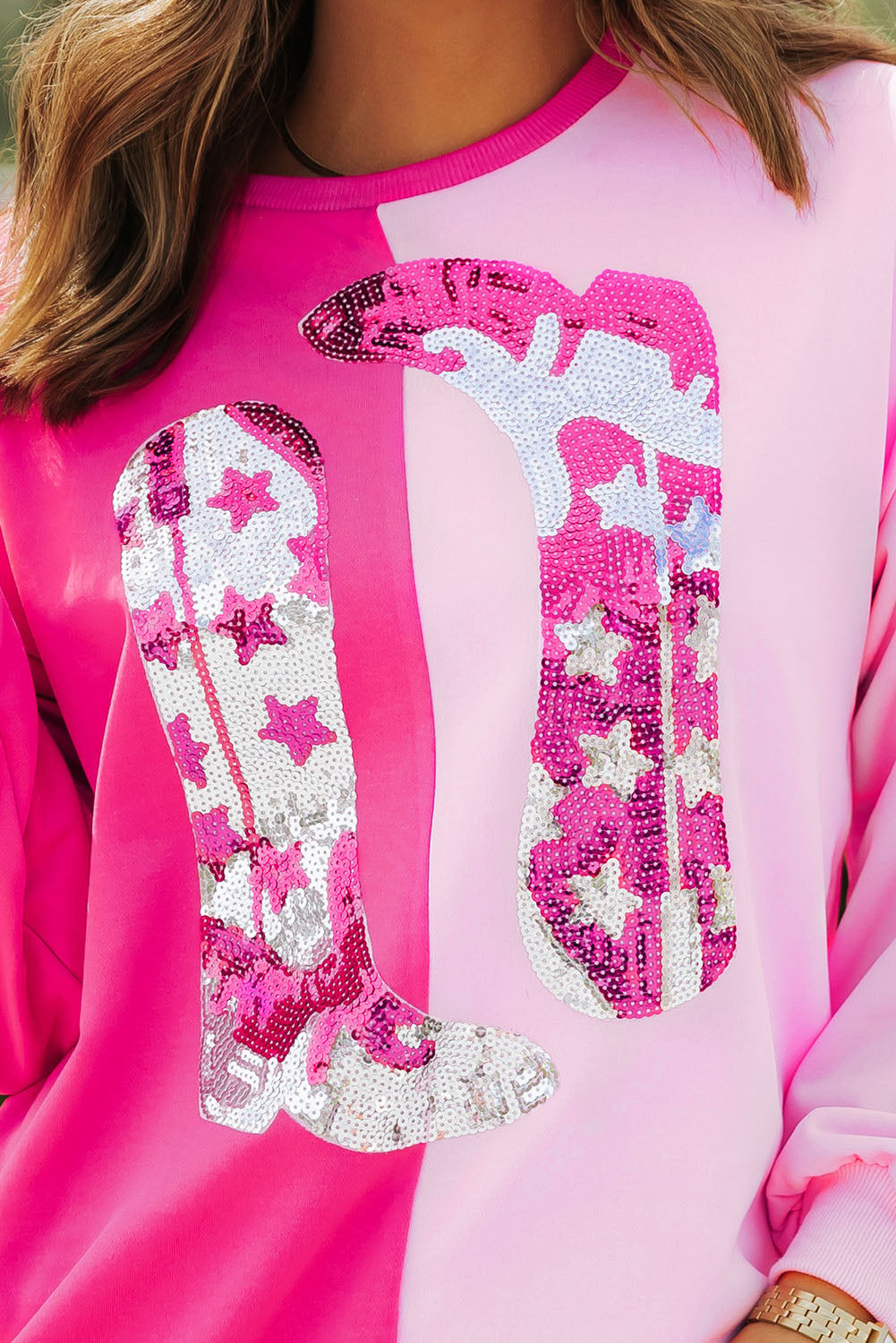 Pink Color Block Sequined Cowgirl Boots Graphic Sweatshirt. GCollection