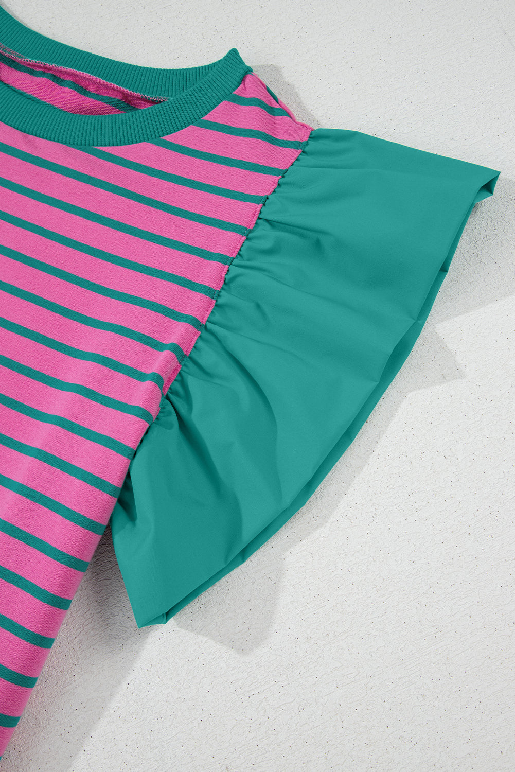 Pink Stripe Colorblock Ruffled Sleeve Crew Neck Blouse. GCollection