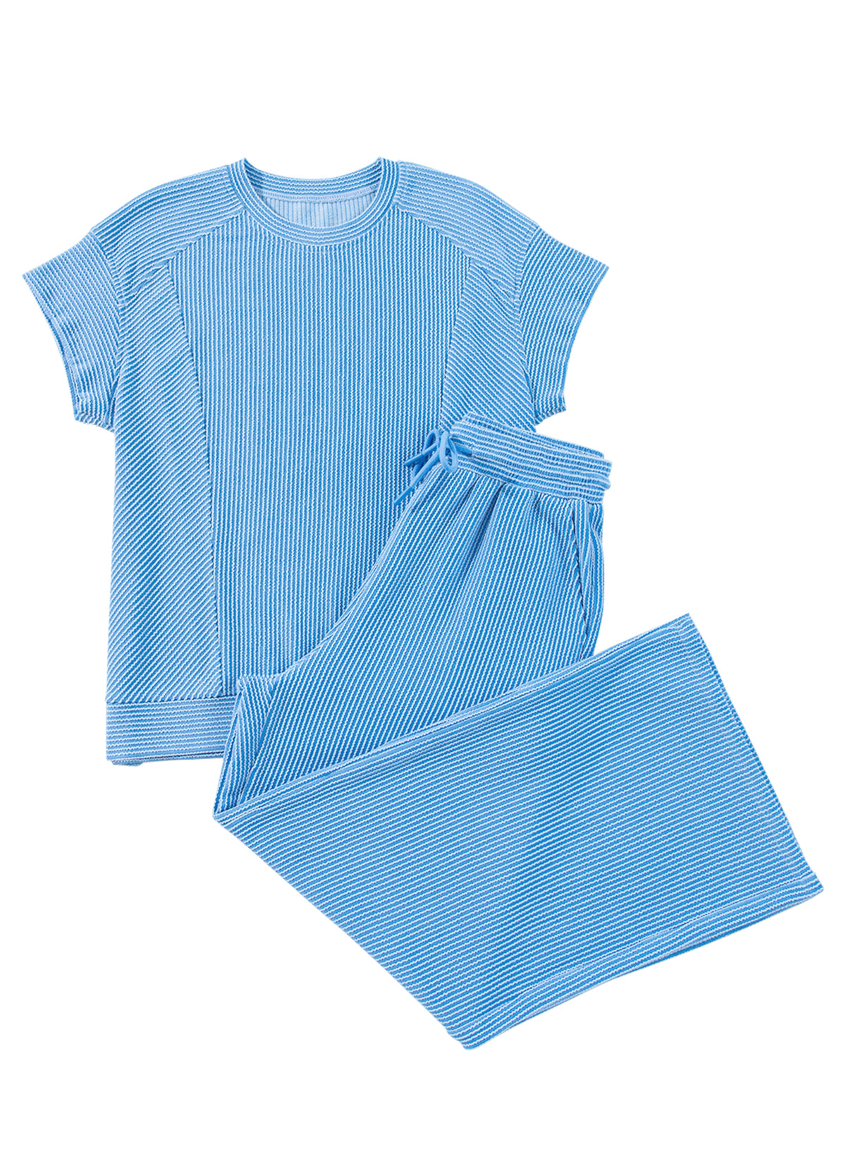 Blue Solid Corded Knit Short Sleeve Set. GCollection