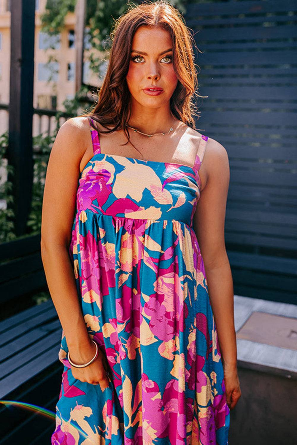 Dark Blue Floral High Waist Long Dress. GCollection