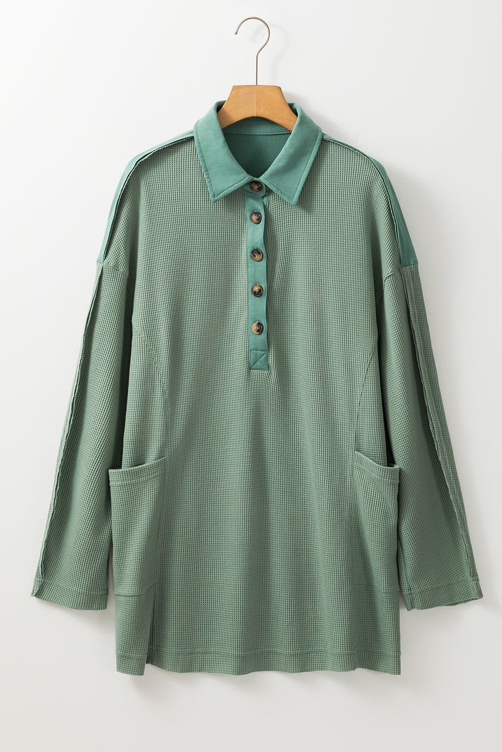 Smoke Green Waffle Half Button Loose Top. GCollection