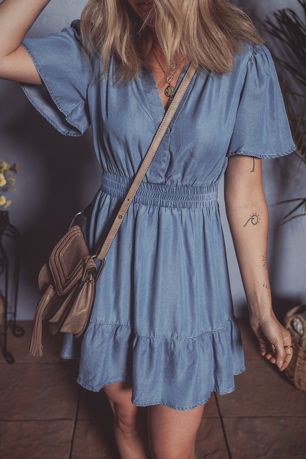 Blue Ruffled V Neck Smocked High Waist Denim Mini Dress. GCollection