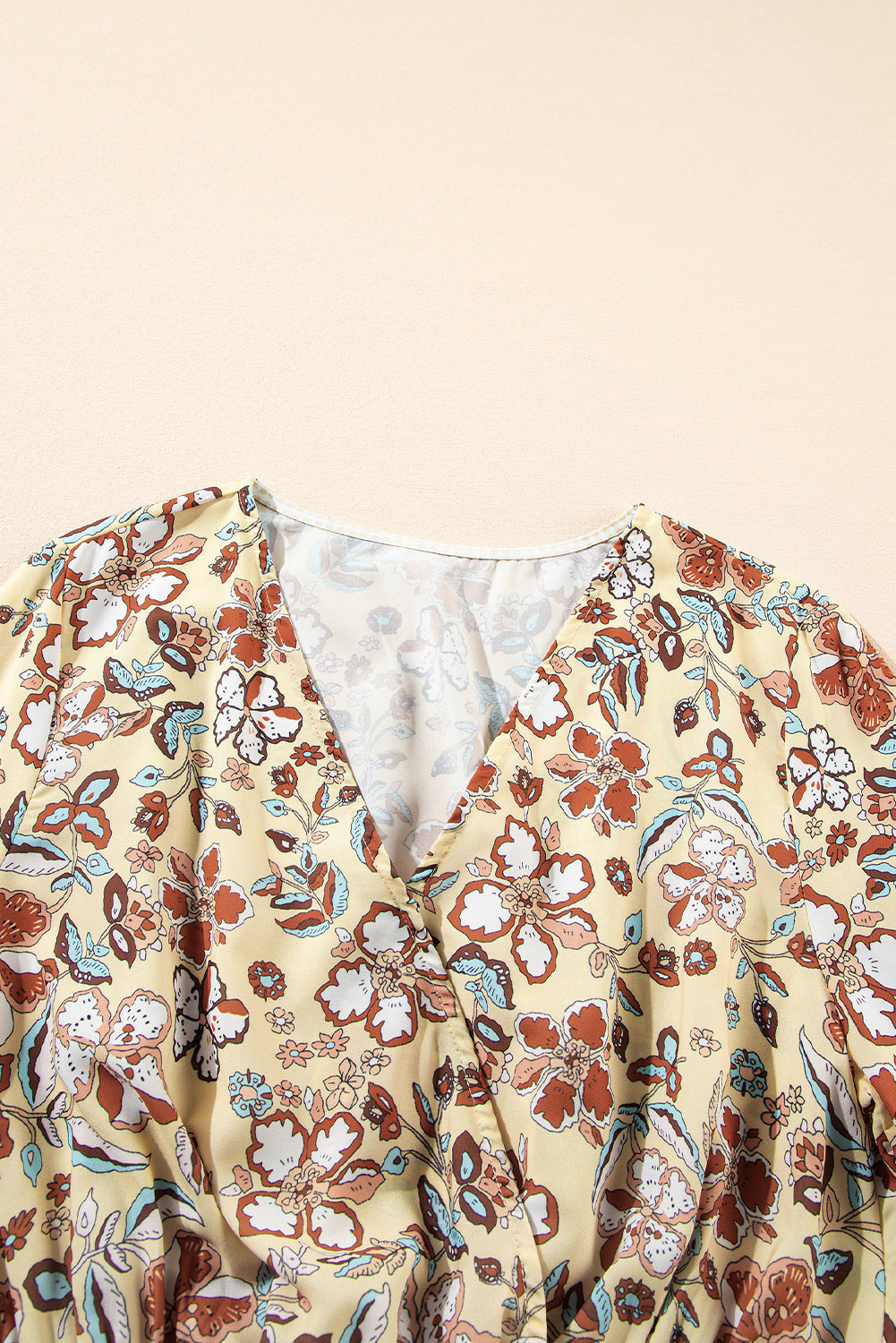 Yellow Printed Floral Bell Sleeve V Neck Wrapped Contrast Blouse. GCollection