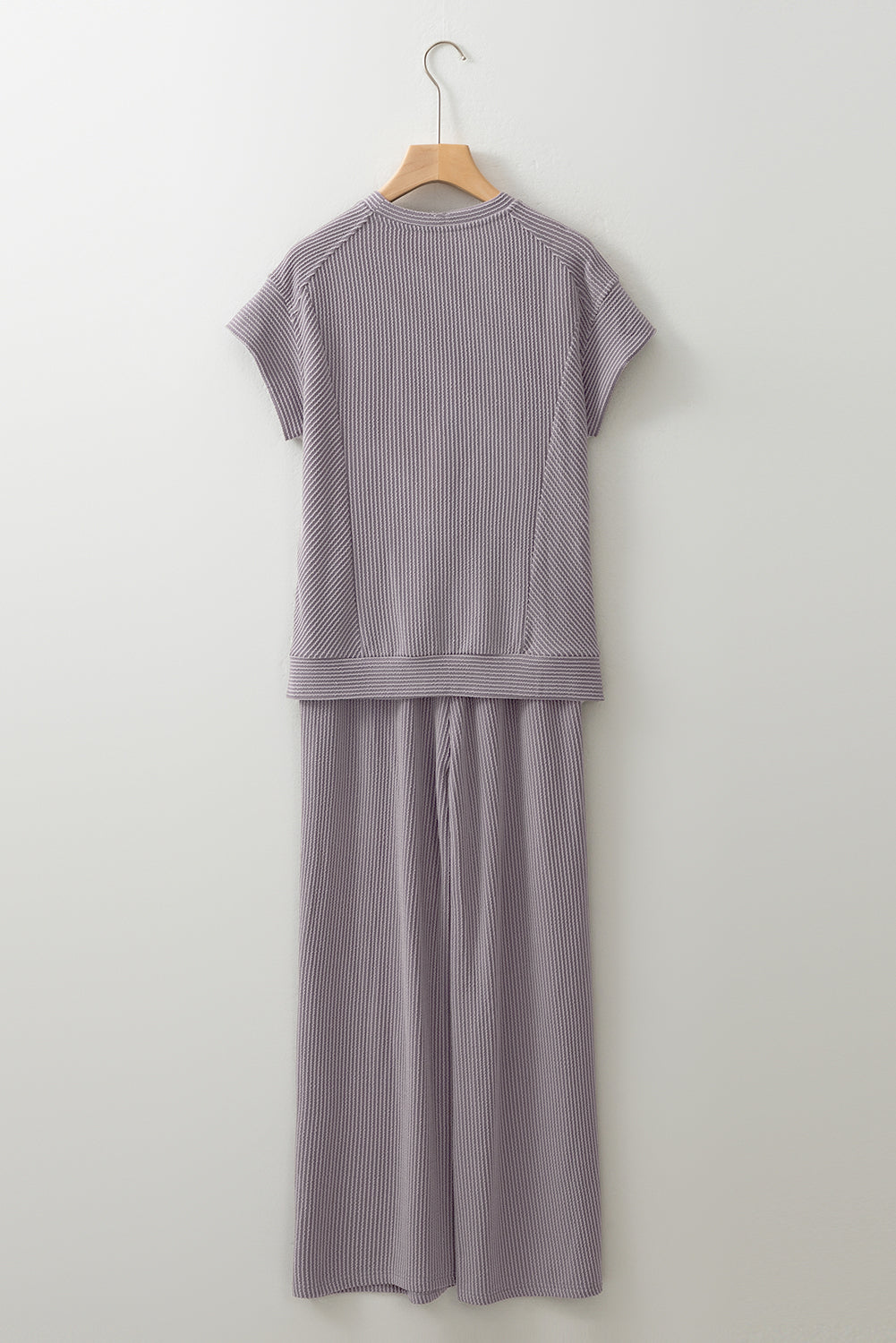 Solid Corded Knit Short Sleeve T Shirt and Wide Leg Pants Set. GCollection