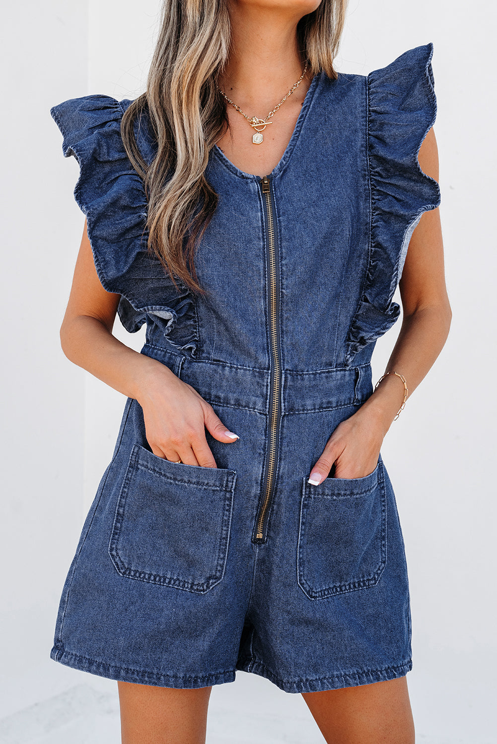 Sail Blue Denim Ruffled Zipped Front Belted Romper. GCollection