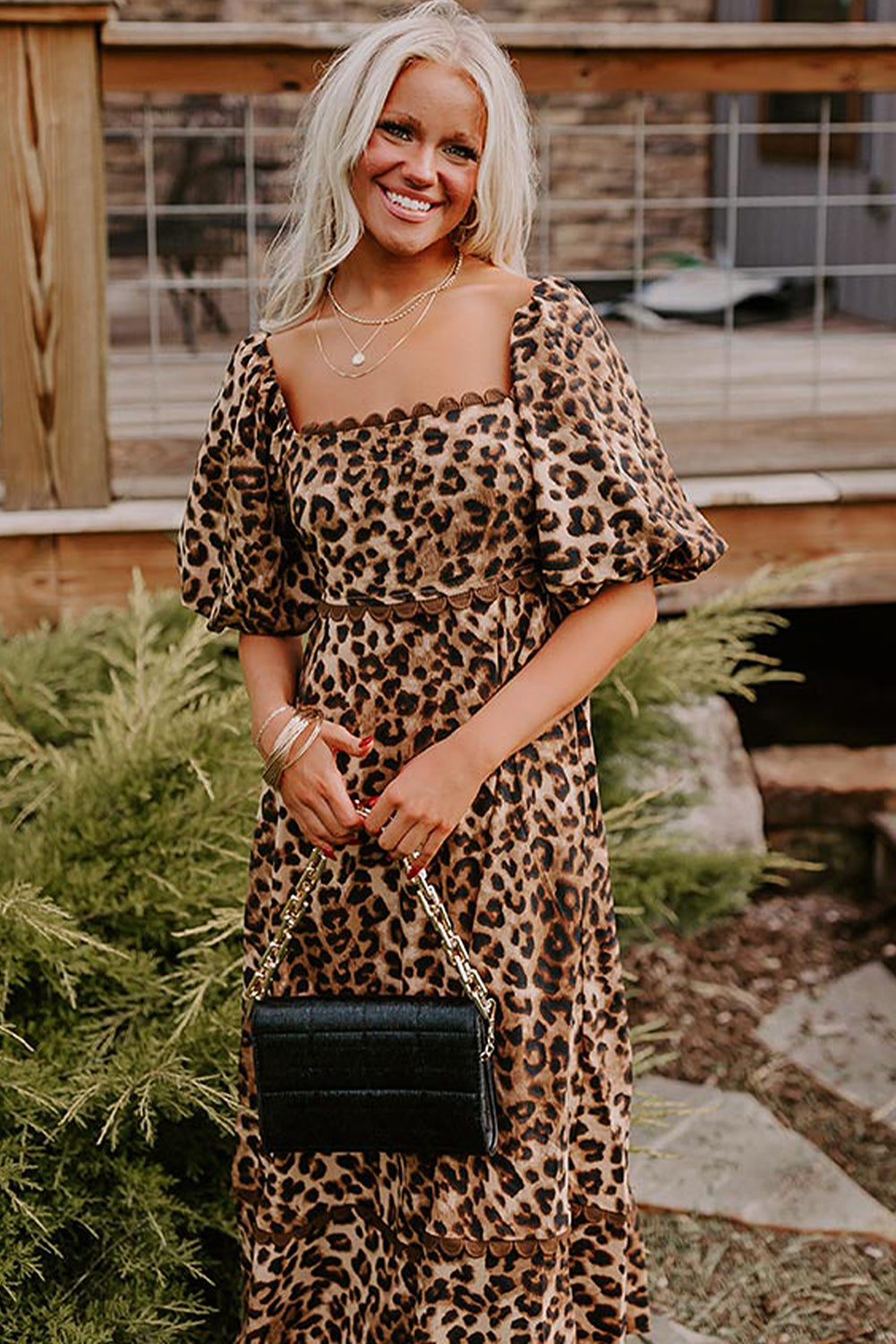 Brown Leopard Print Bubble Sleeve Maxi Dress. GCollection