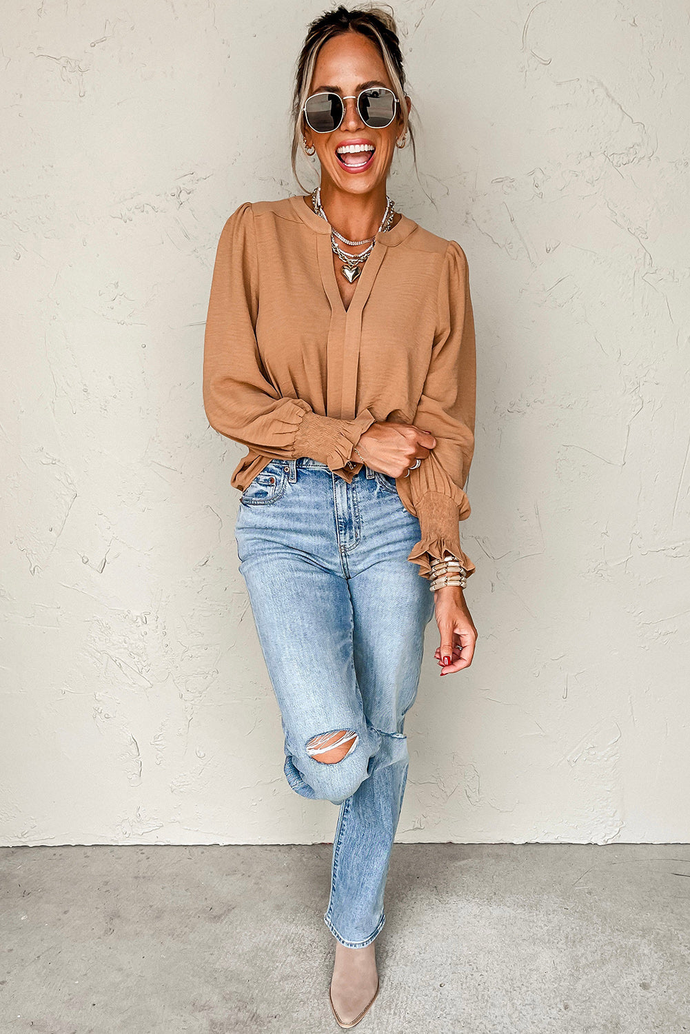 Solid Color Shirred Cuff Notch V Neck Blouse. GCollection