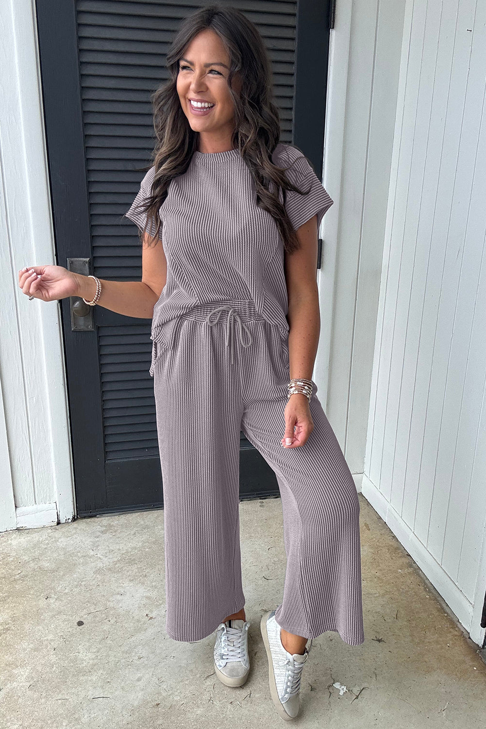 Solid Corded Knit Short Sleeve T Shirt and Wide Leg Pants Set. GCollection