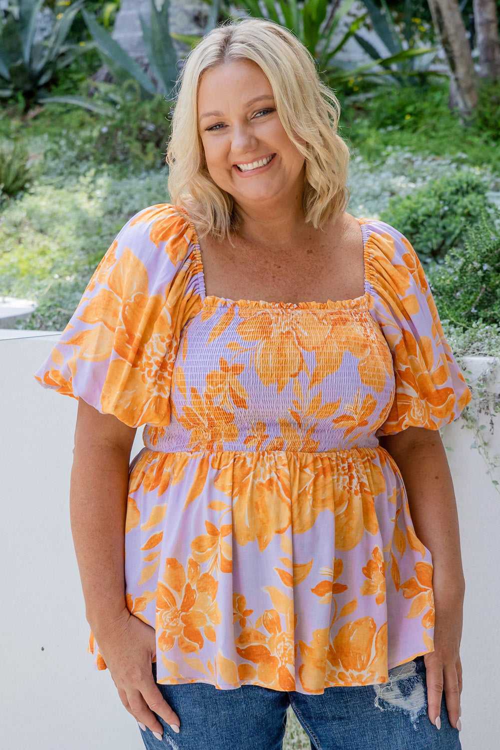 Floral Puff Sleeve Smocked Plus Size Babydoll Blouse. PSCollection