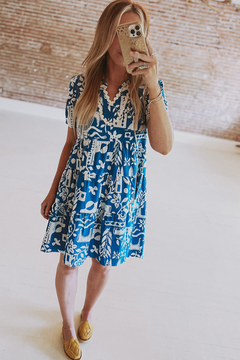 Blue Ricrac Trim Split Neck Floral Loose Dress. GCollection