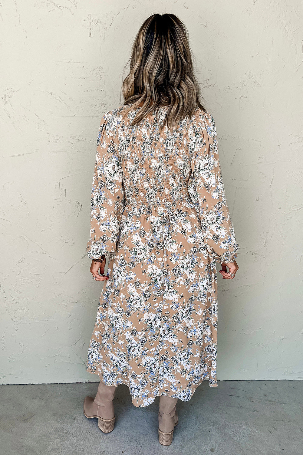 Khaki Maple Grove Floral Smocked Puff Sleeve Long Dress. GCollection