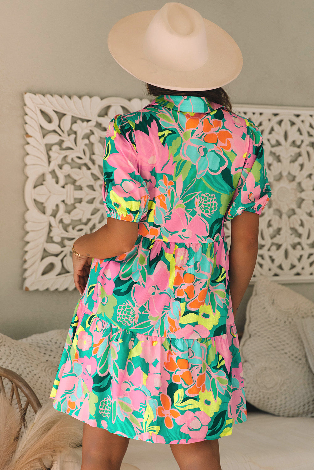 Green Floral Puff Sleeve Collar Buttoned Babydoll Dress. GCollection