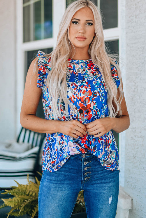 WS. Blue floral tank top with ruffles